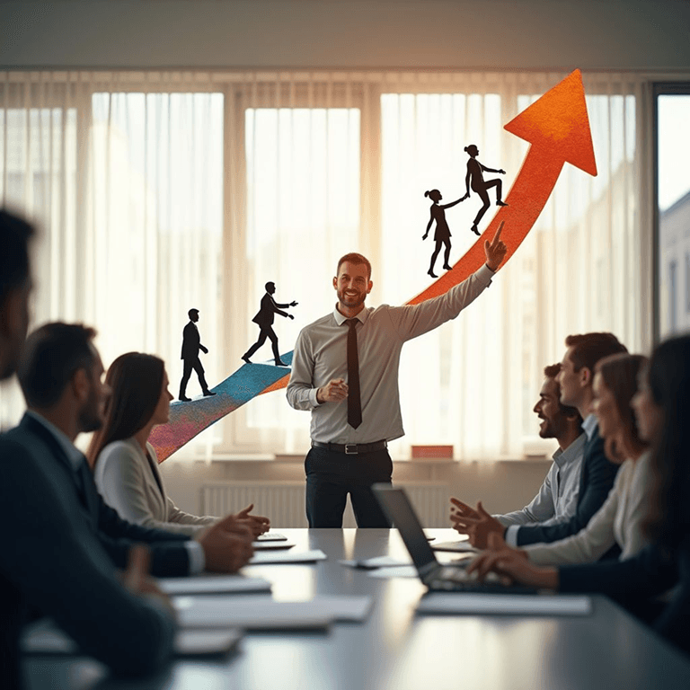 Team in a meeting with a growth arrow graphic