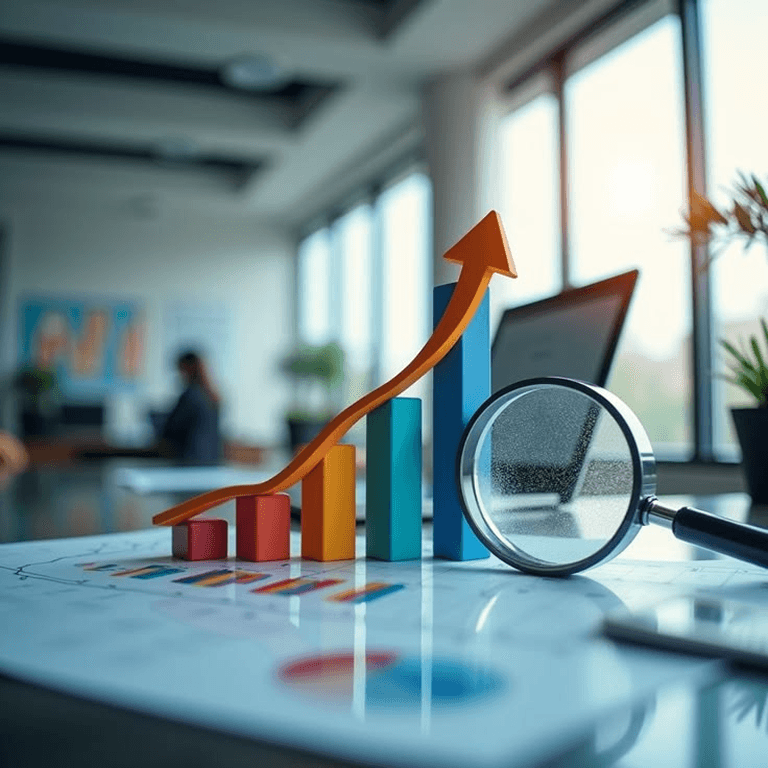 3D bar chart and magnifying glass over financial reports