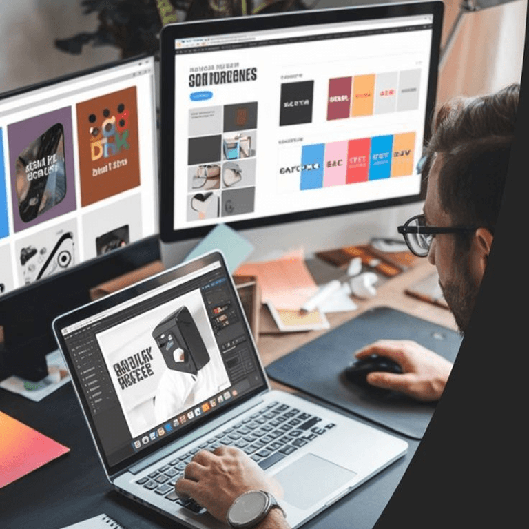 Designer workspace with laptop and monitors