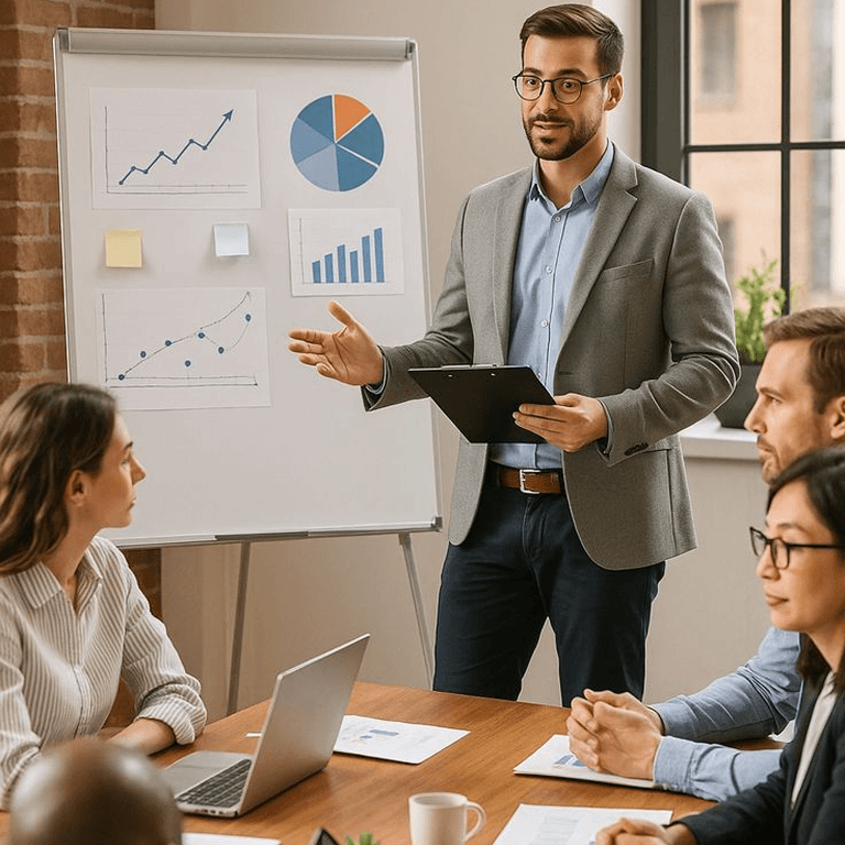 Business presentation with charts on a whiteboard