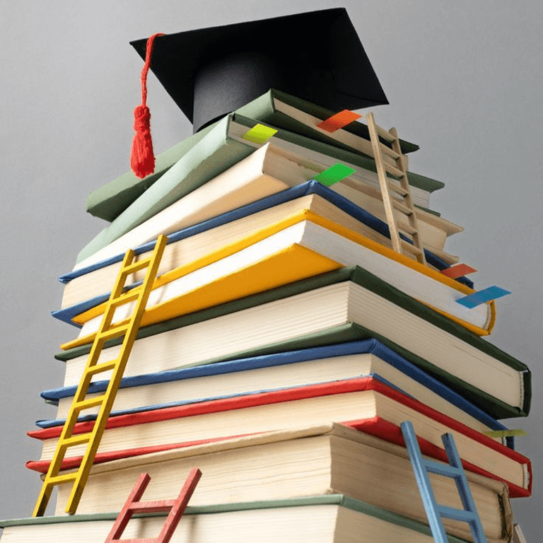 Stack of books with a graduation cap and ladders